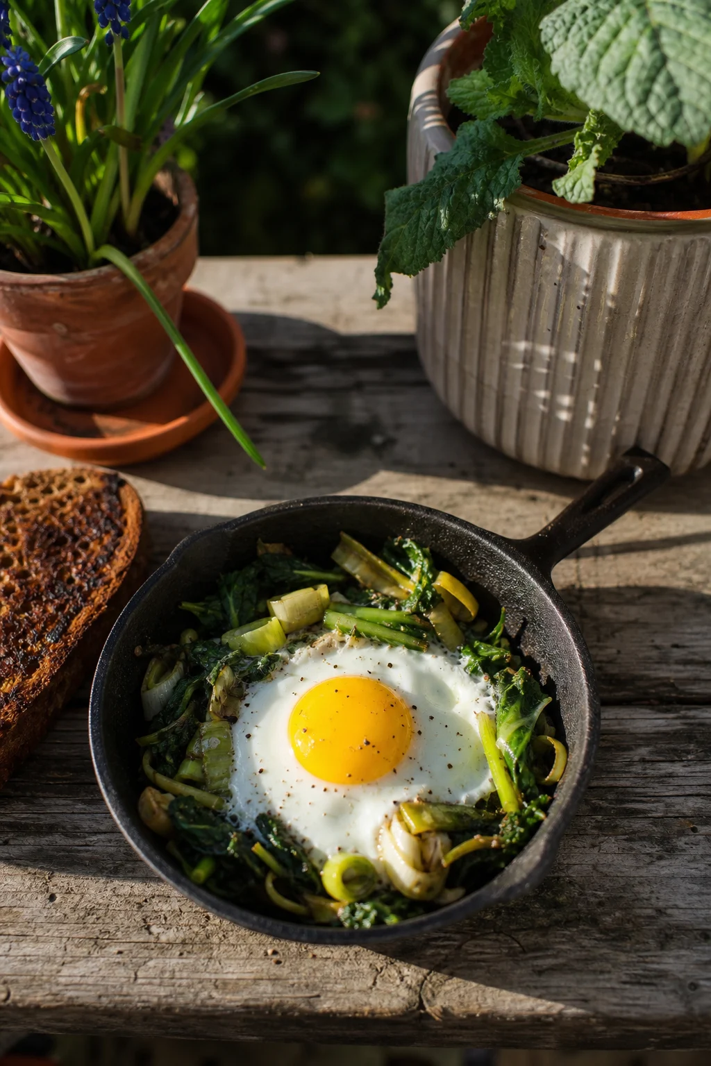 Kleine Gusseisenpfanne mit gebratenem Lauch, Löwenzahnblättern und einem Spiegelei obenauf, daneben eine Scheibe geröstetes Vollkornbrot im Morgenlicht.