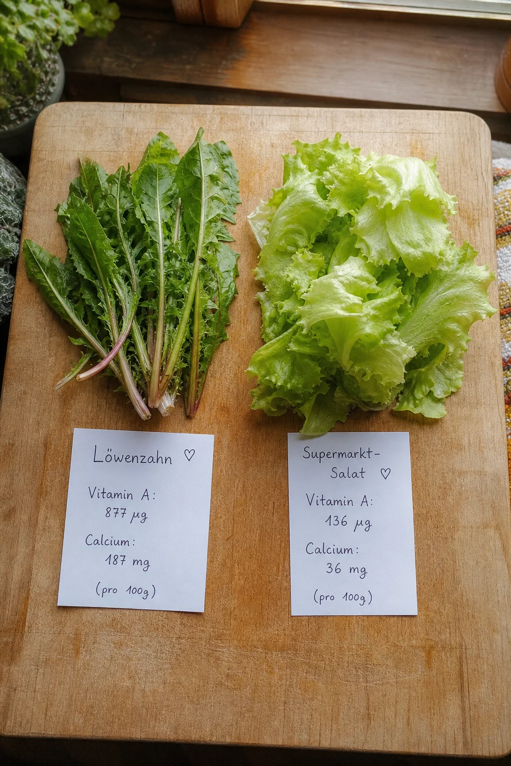 Holzbrett im Vergleich — eine Handvoll Löwenzahnblätter neben einer Handvoll Supermarkt-Salat, daneben handgeschriebene Kärtchen mit Vitamin-A- und Calcium-Werten.