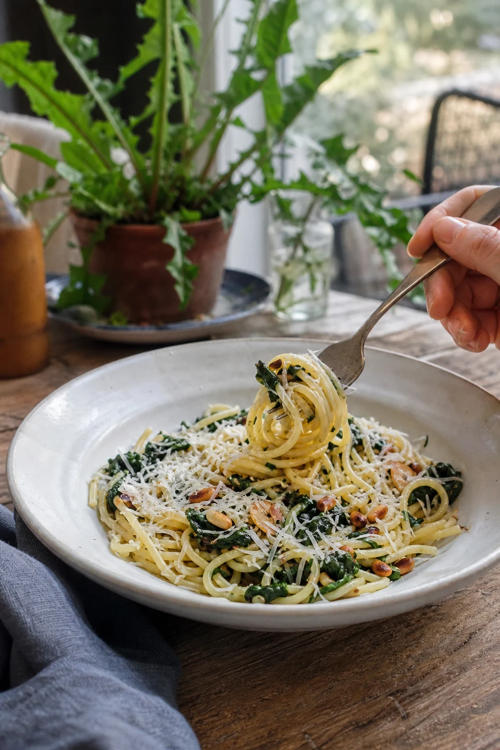 Tiefer Pastateller mit langer Nudel, gebratenen Löwenzahnblättern, gerösteten Pinienkernen, Knoblauchchips und Parmesanhobeln, eine Gabel dreht etwas Pasta auf.