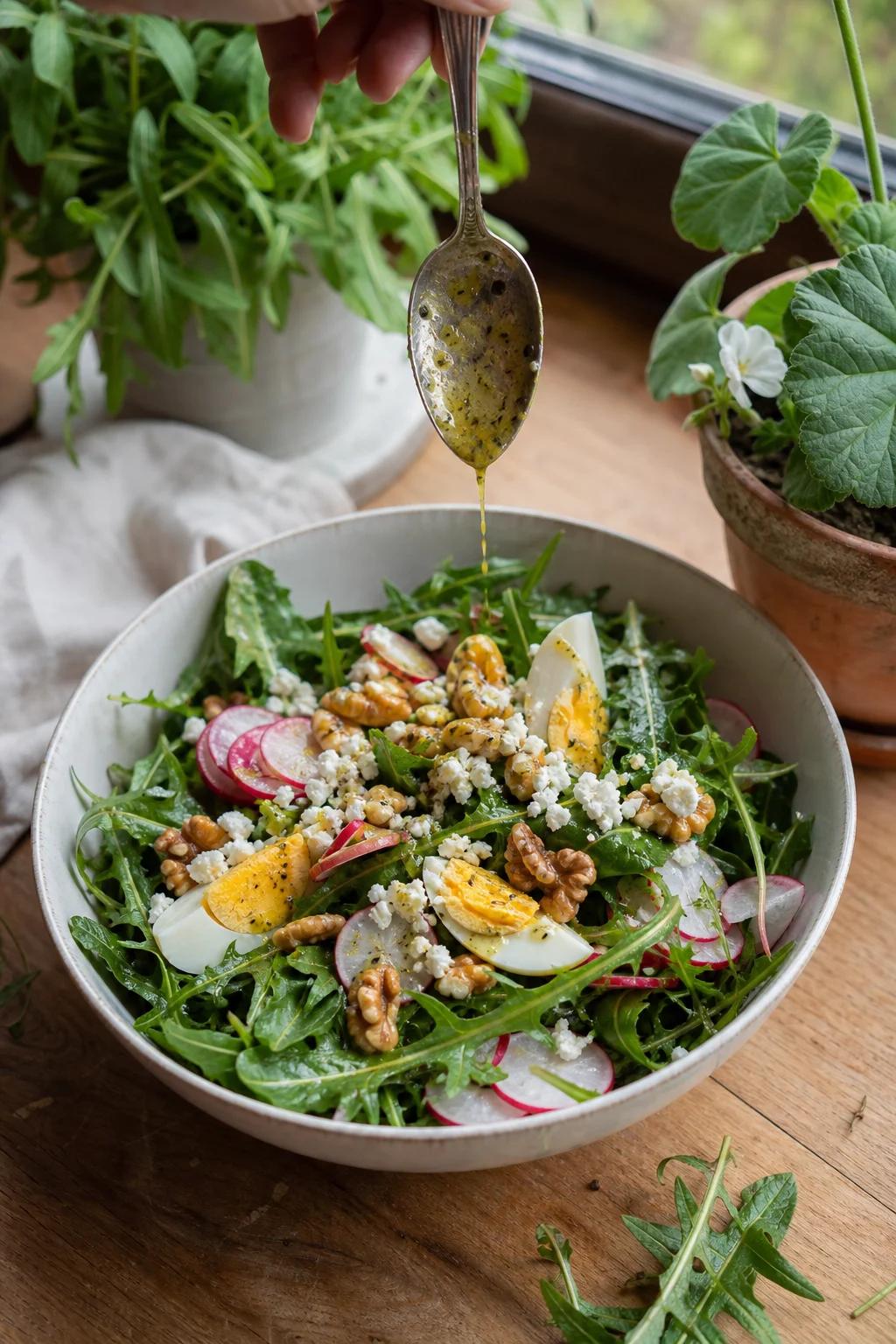 Bunte Salatschüssel mit jungen Löwenzahnblättern, Radieschen, gekochtem Ei, Walnüssen und Ziegenkäse, Vinaigrette wird darüber geträufelt.