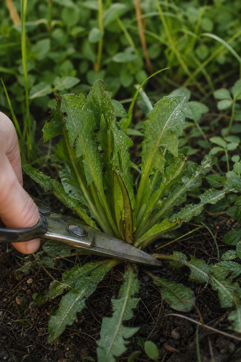 Junge Löwenzahnrosette in einer Wiese mit zarten Blättern und Tautropfen, eine Hand schneidet mit der Schere äußere Blätter ab.