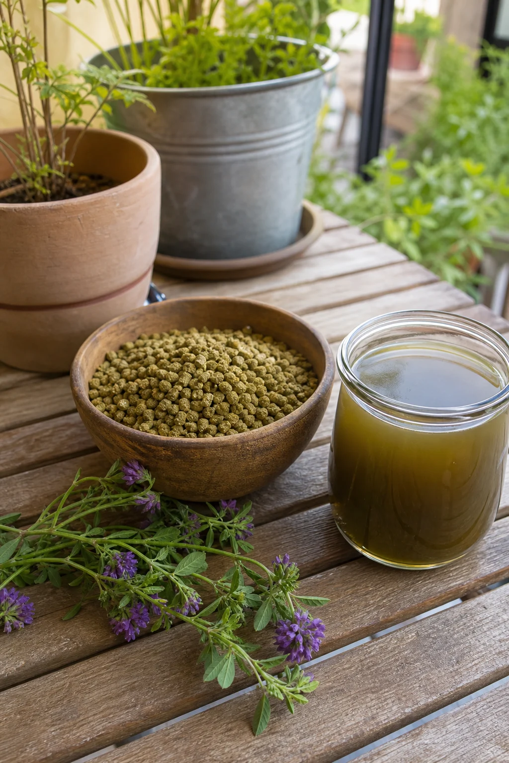 Holzschale mit goldenen Luzernemehl-Pellets neben einem Glas grünlich-braunem Luzerne-Tee, dazu ein Luzerne-Zweig mit violetten Blüten.