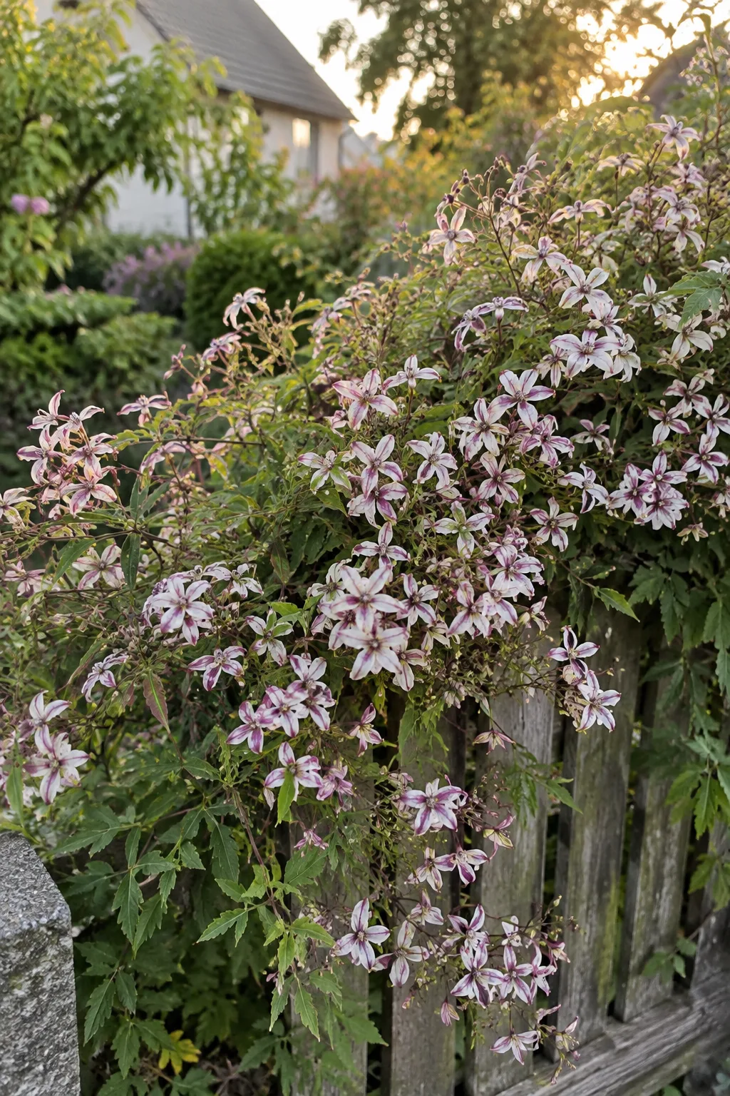 Mandel-Waldrebe am Zaun, übersät mit unzähligen kleinen weißen Sternblüten mit rotviolettem Rand
