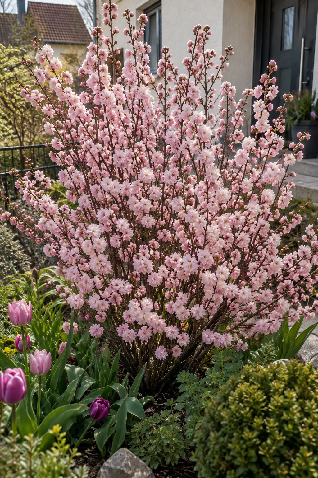 Mandelbäumchen im Vorgarten, die kahlen geraden Zweige dicht besetzt mit gefüllten, rosettenförmigen pfirsichrosa Blüten, darunter Tulpen