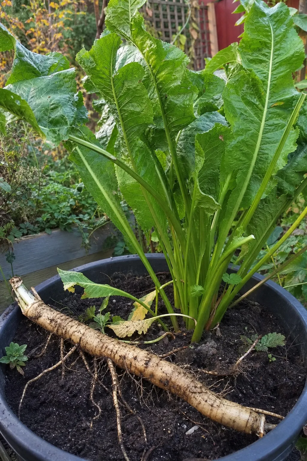 Meerrettich in einem großen, in die Erde eingelassenen Kübel mit langen gewellten Blättern, daneben eine frisch ausgegrabene helle Wurzel