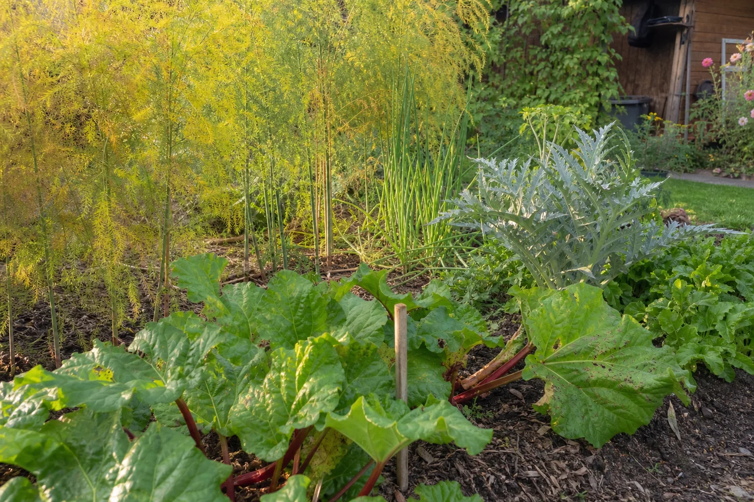 Gemüsebeet im Herbst mit großem Rhabarber im Vordergrund, dahinter gelbes Spargellaub, ein Horst Winterheckenzwiebeln und eine silbrige Artischocke