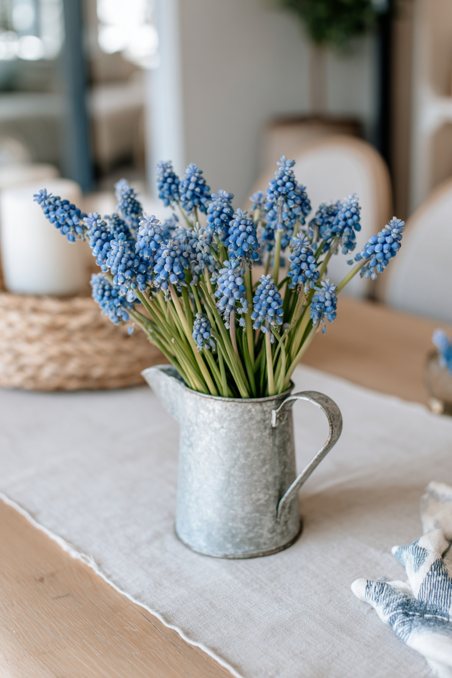 Mini-Gießkanne mit blauen Traubenhyazinthen auf Tisch