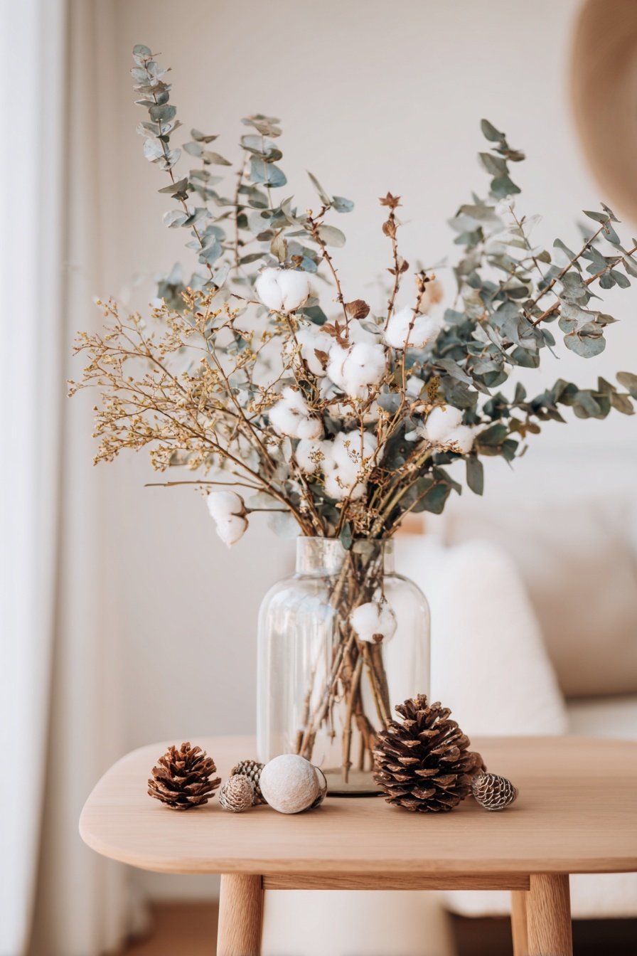 Vase mit Eukalyptus, Baumwollzweigen und Zapfen auf Holztisch