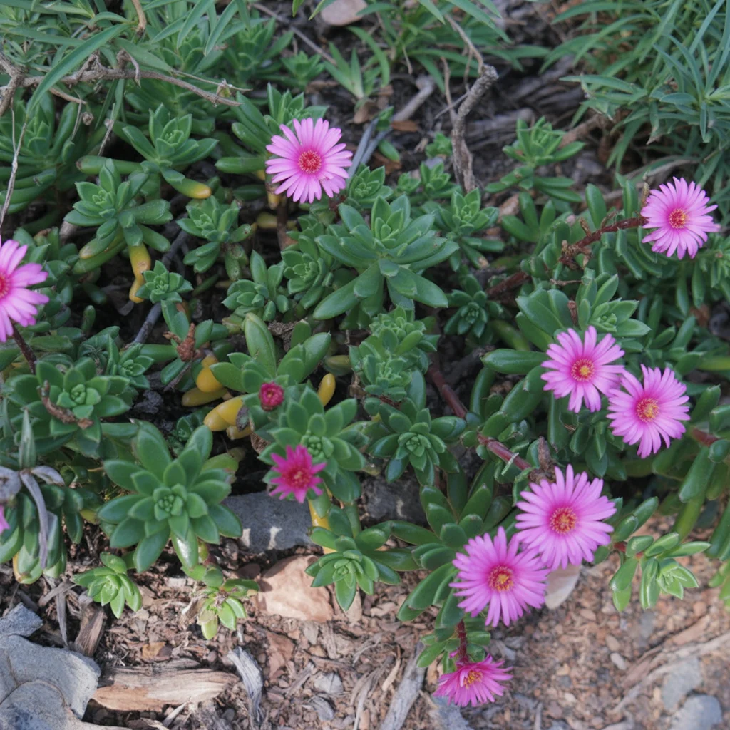 Pink blühende Mittagsblume mit dickfleischigen Blättern auf Kies
