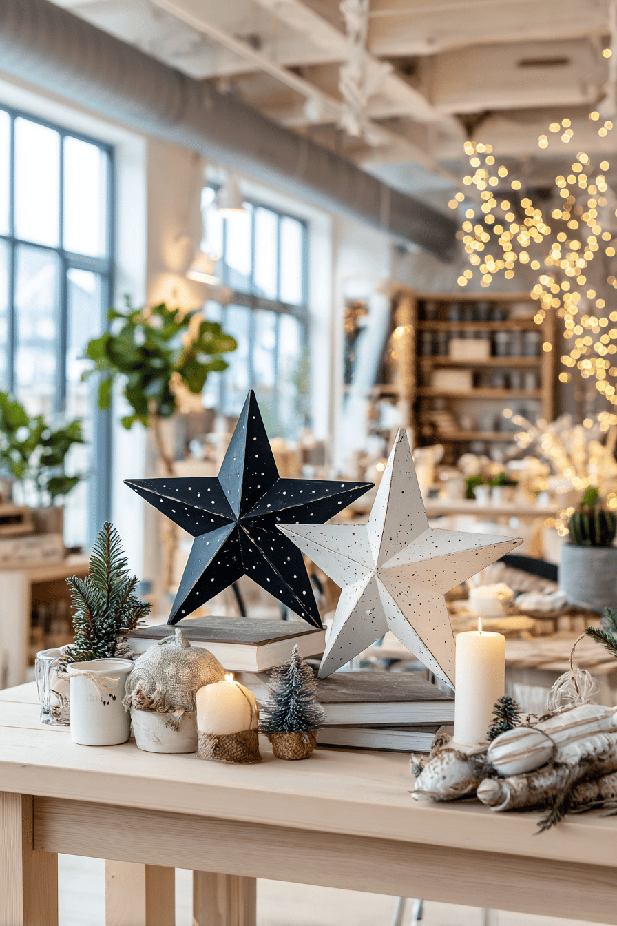 Zwei dekorative Holzsterne in Schwarz und Weiß auf einem weihnachtlich geschmückten Tisch