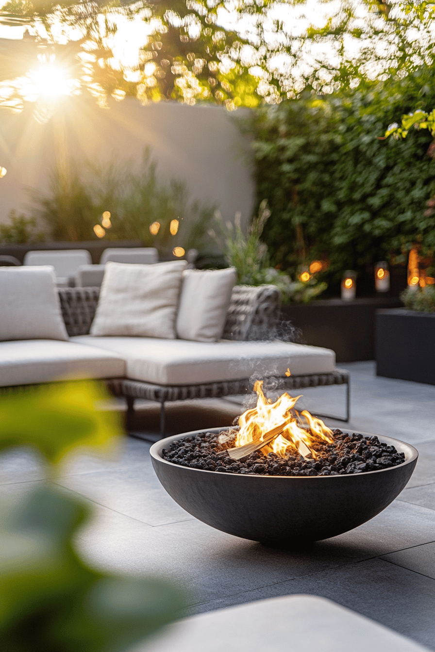 Moderne Sitzecke im Garten mit eleganter Feuerstelle und gemütlichen Sitzgelegenheiten.