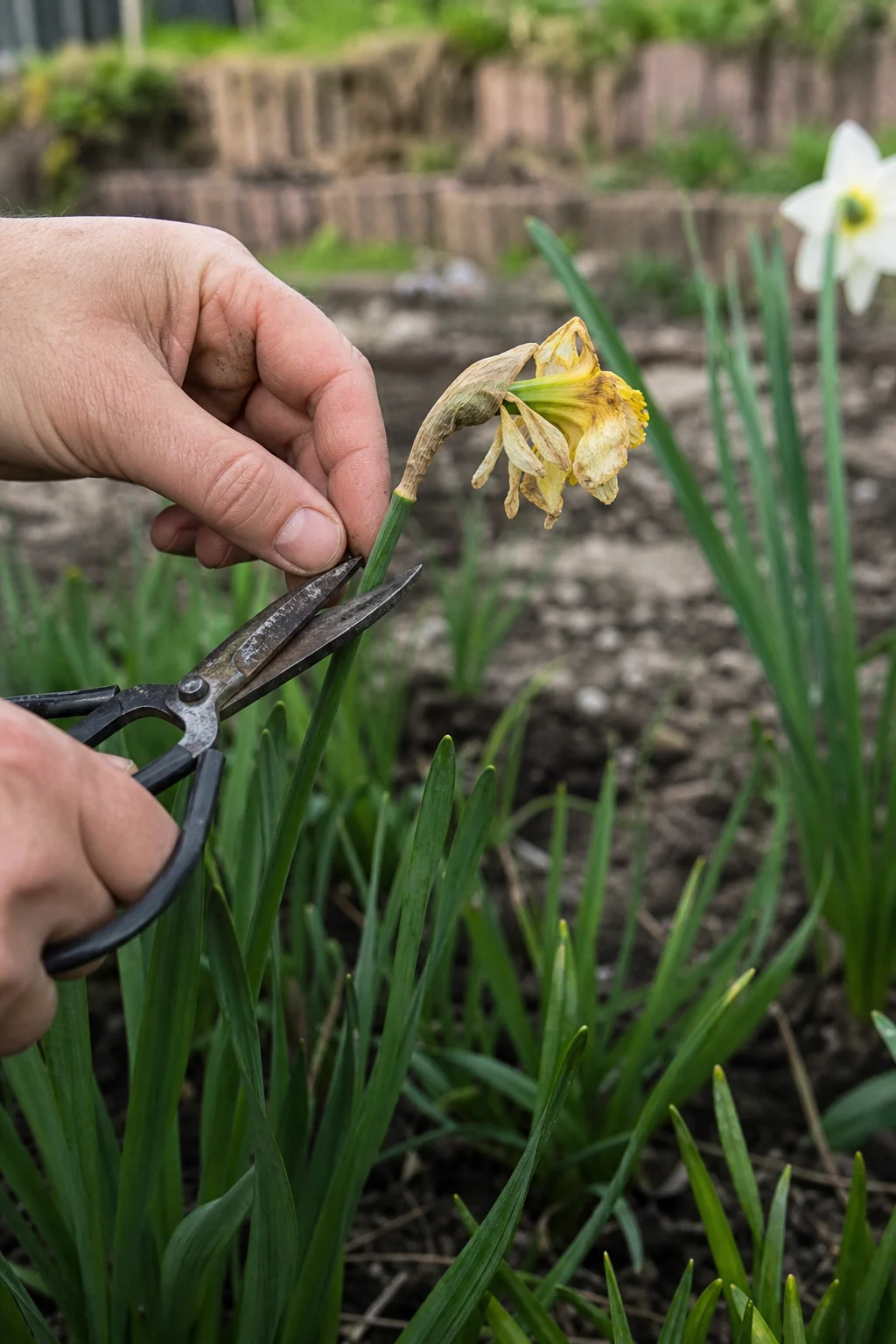 Eine Hand entfernt mit einer kleinen Schere die verblühte Narzissenblüte über grünem Laub.