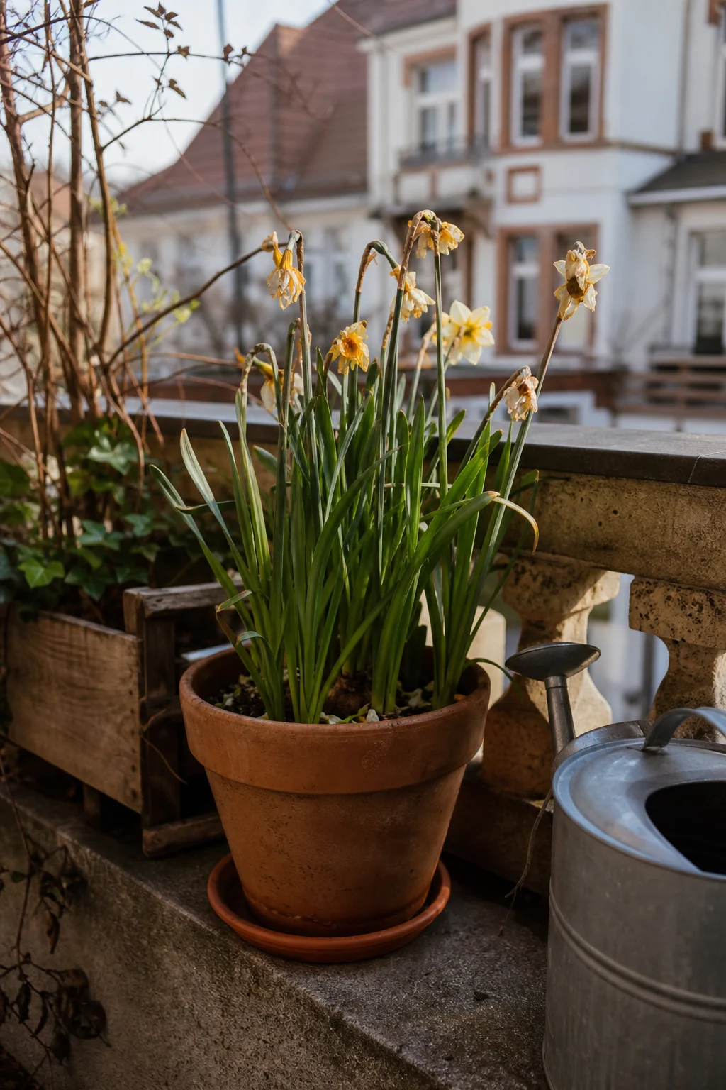 Verblühte Narzissen in einem Terrakottatopf auf einem Steinbalkon, daneben eine Gießkanne.