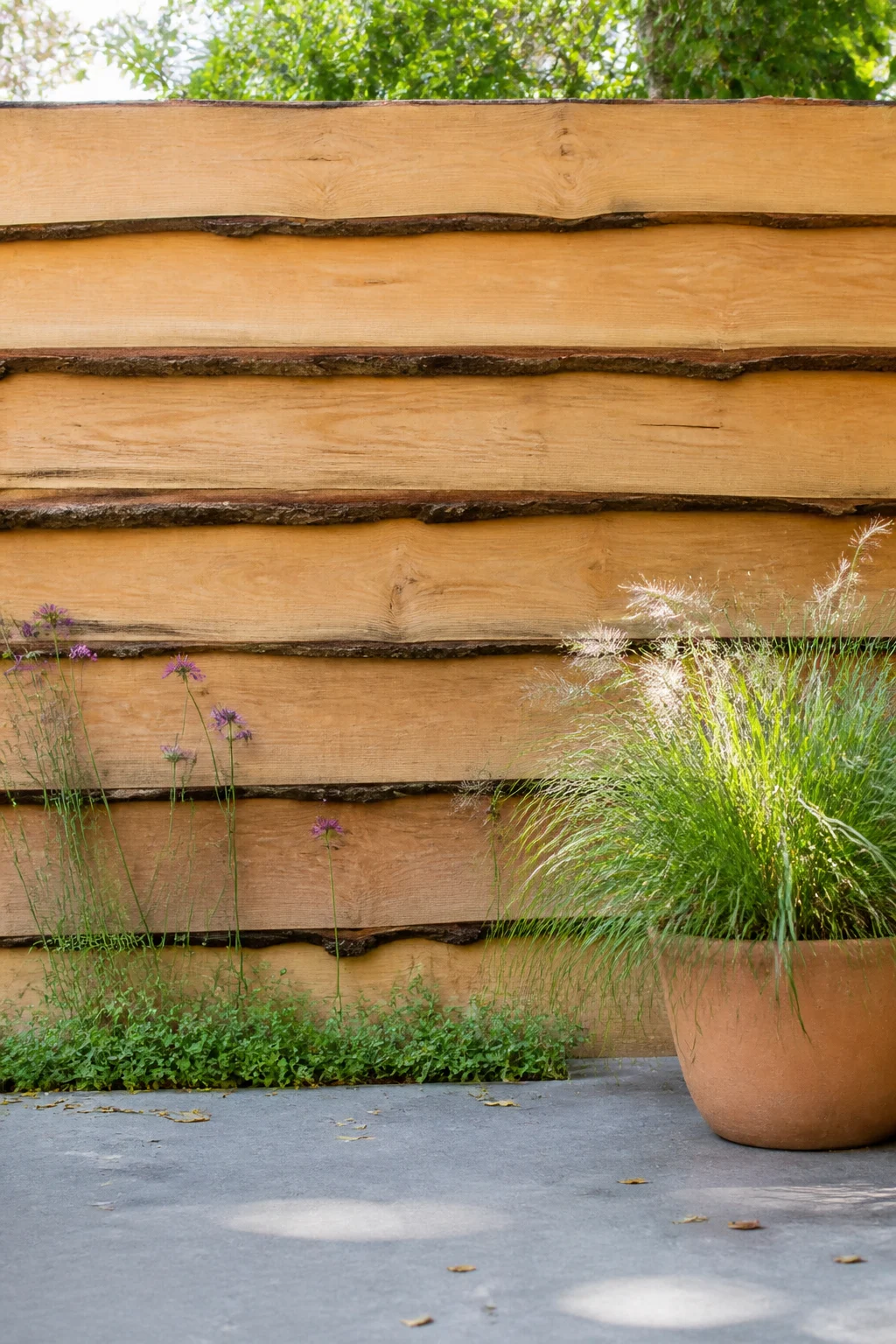 Sichtschutzwand aus sägerauen Holzdielen im Garten