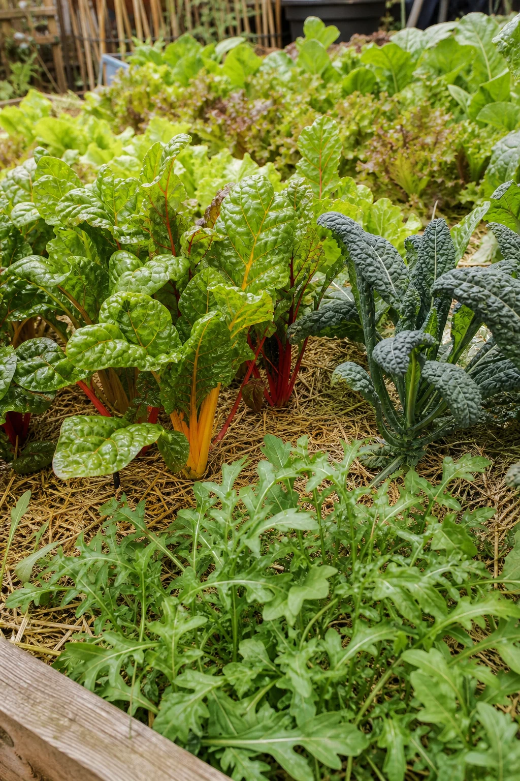 Pflück-Salate, Mangold mit bunten Stielen, Schwarzkohl und Rucola wachsen dicht in einem mit feinem Stroh gemulchten Beet.