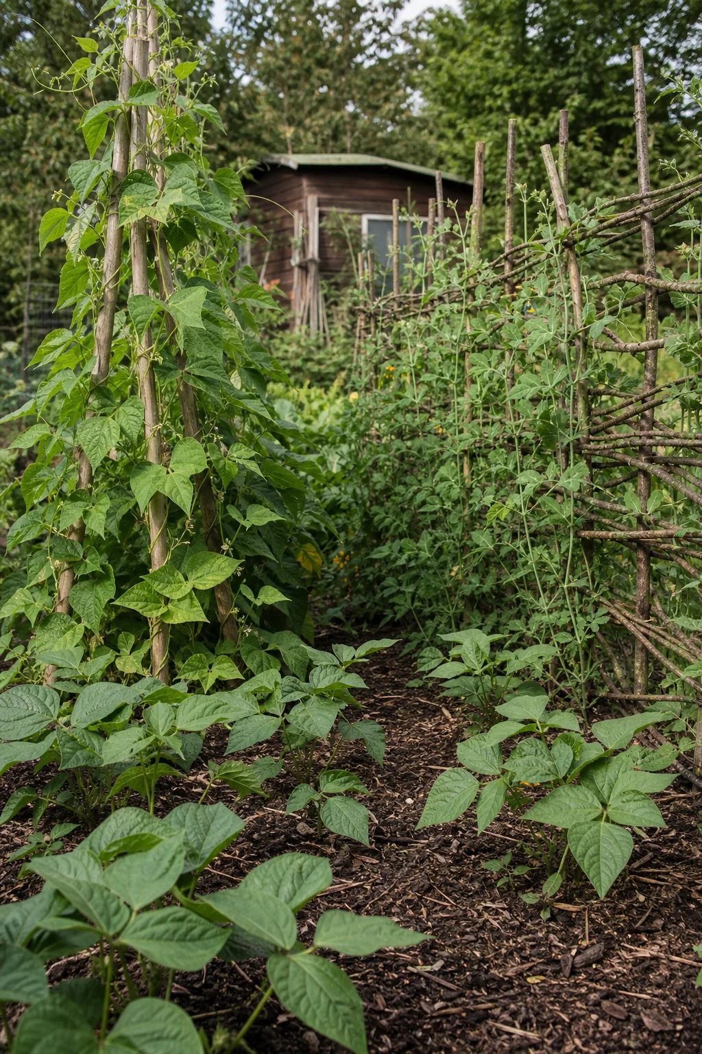 Stangenbohnen klettern an einem Holz-Tipi, Erbsen an einem Reisig-Spalier, darunter Buschbohnen in einem gemulchten Beet.