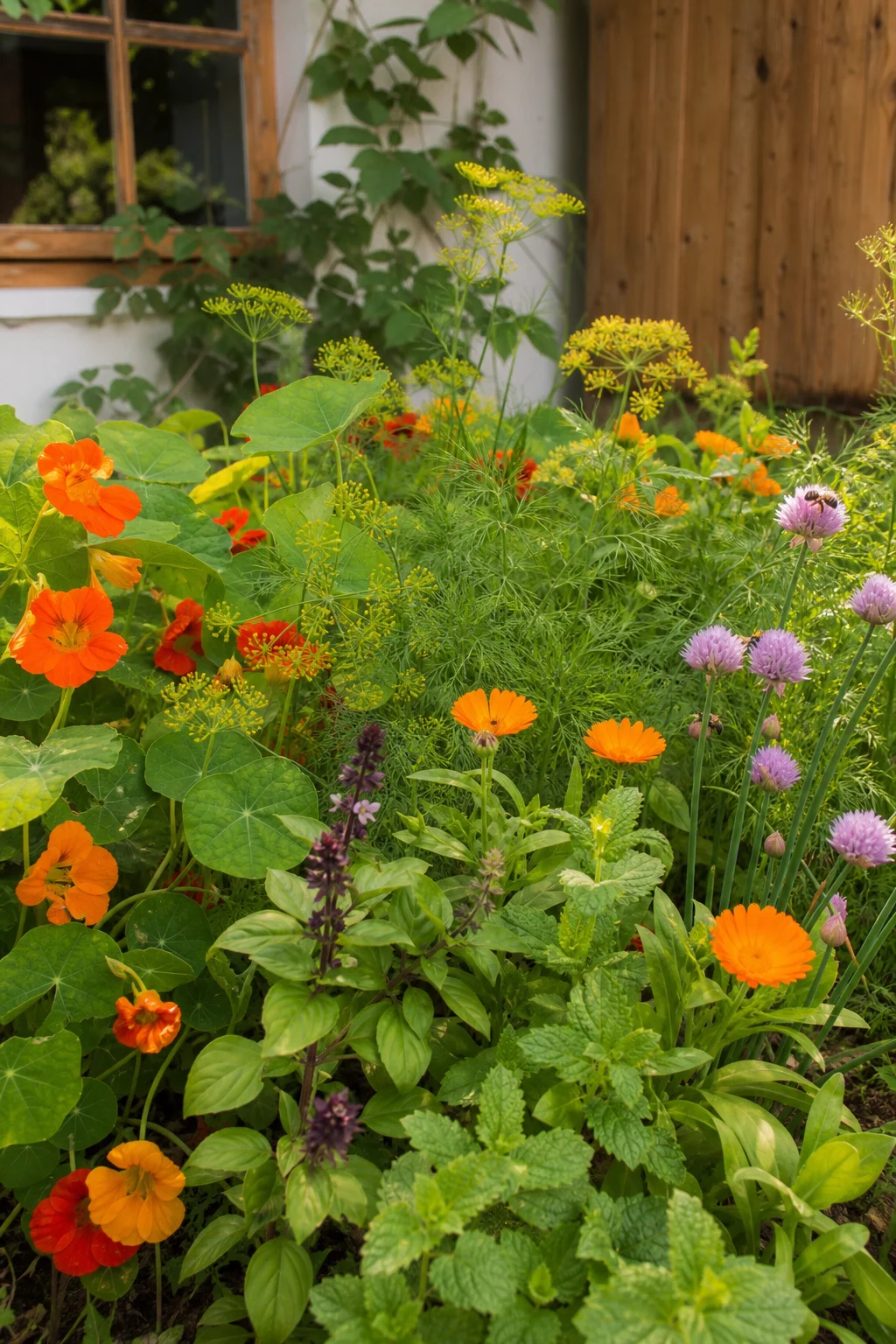 Kräuter- und Blüten-Ecke des Gemüsegartens mit Ringelblumen, Kapuzinerkresse, Dill, Zitronenmelisse, Basilikum und blühendem Schnittlauch.