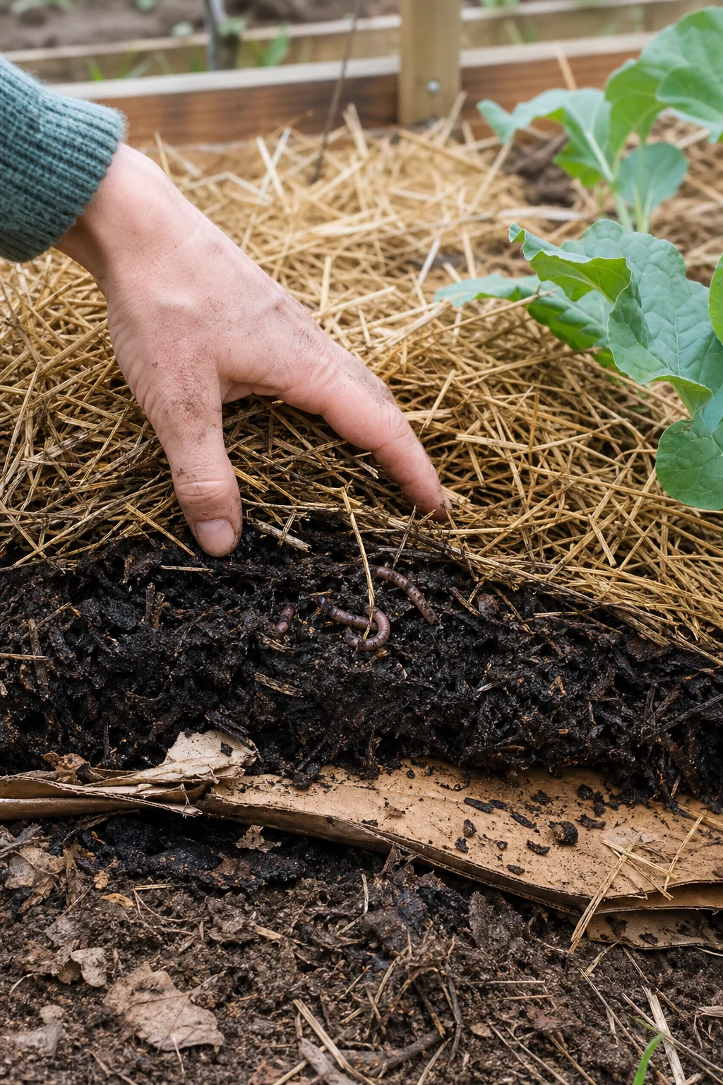 Querschnitt durch ein No-Dig-Beet — Pappe unten, darüber Kompost, oben Strohmulch, Regenwürmer zwischen den Schichten.
