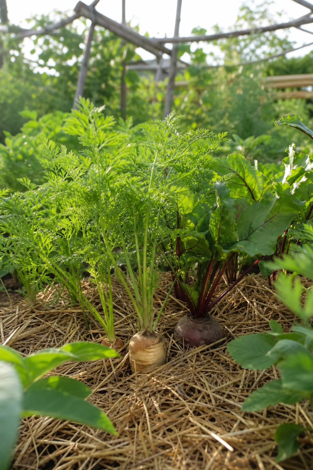Junge Möhren, Rote Bete und Pastinaken wachsen durch eine dünne Strohmulch-Schicht in sonnigem Beet.