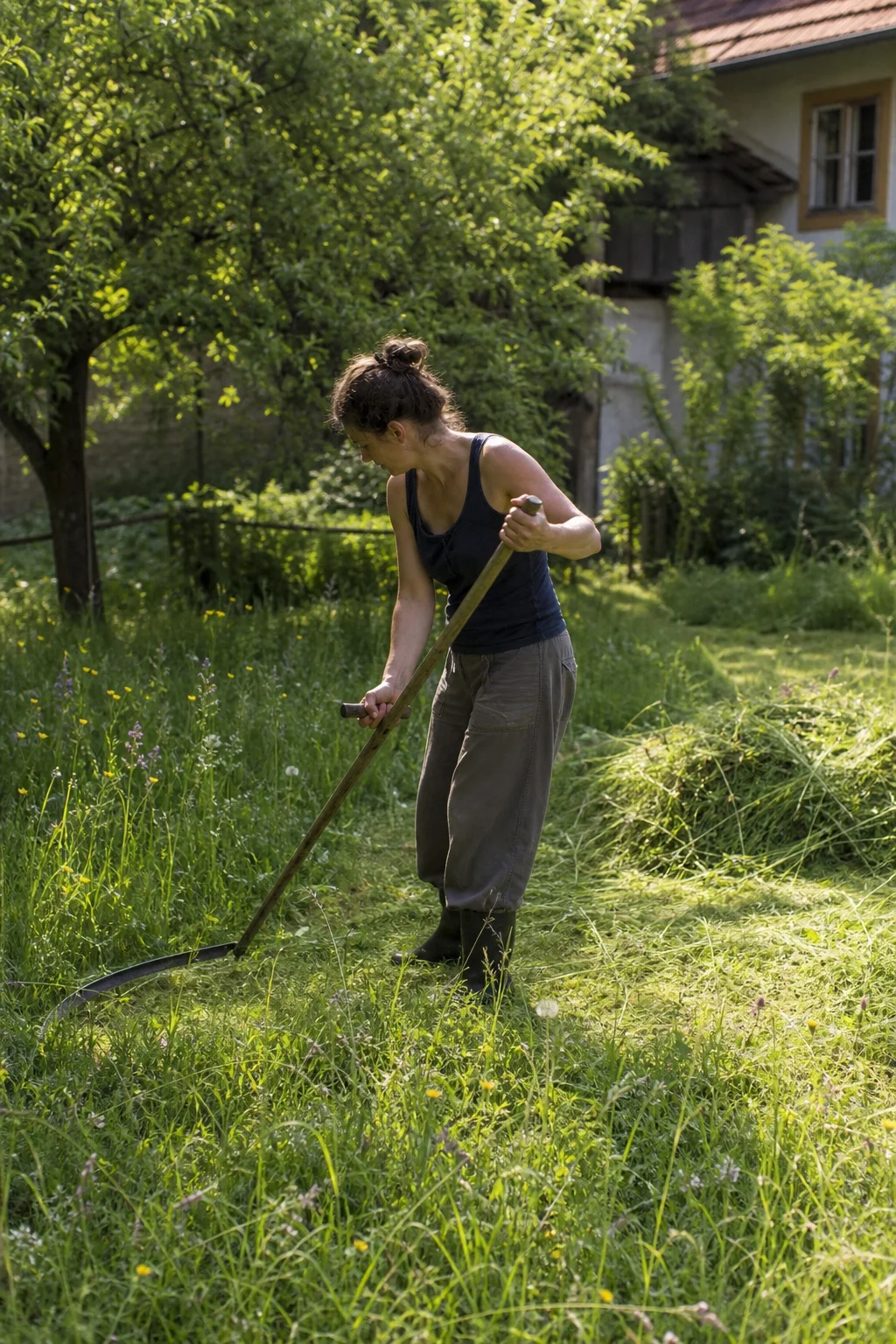 Gärtner mäht mit der Sense eine überwucherte Wildblumenwiese Anfang Juni, das Schnittgut wird daneben zu einem Haufen geharkt.