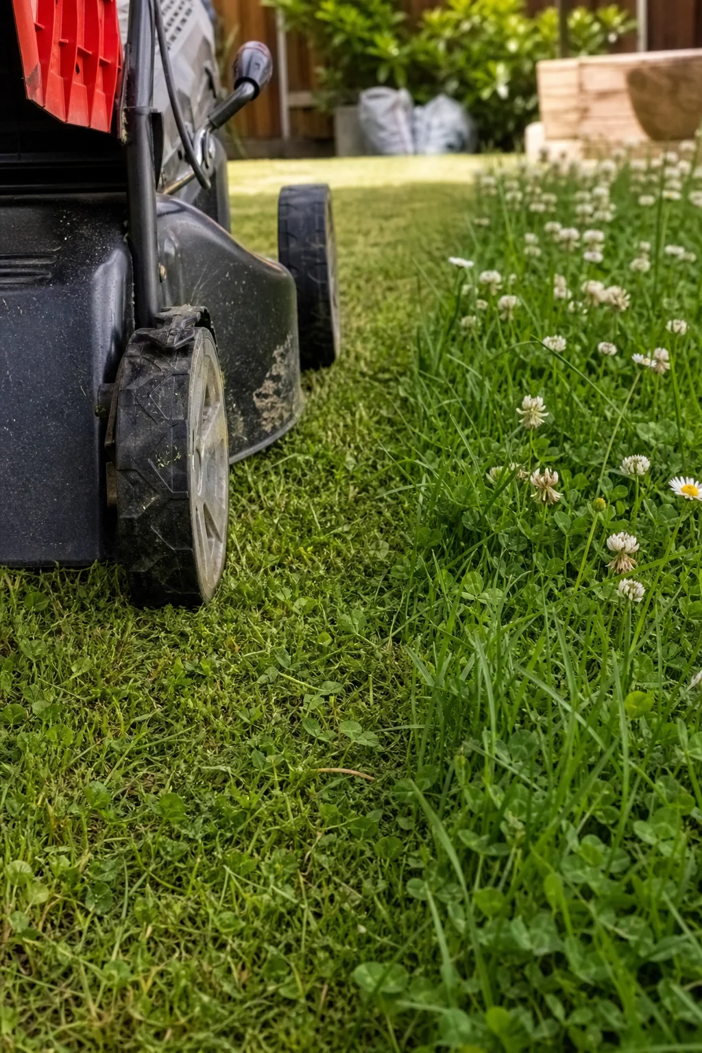 Rasenmäher auf 8 cm Schnitthöhe eingestellt, frisch gemähtes Gras mit überlebenden Klee- und Gänseblümchen-Blüten daneben.