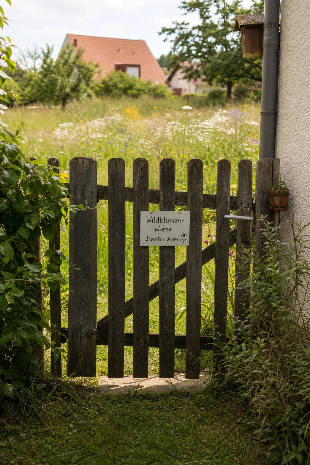 Gartentor mit kleinem Schild 'Wildblumen-Wiese — Insekten danken', sauber gemähte Kanten am Tor, dahinter blühende Wildwiese.