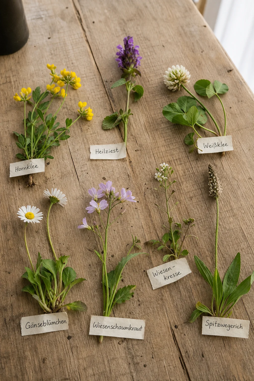 Detailaufnahme mit Hornklee, Braunelle, Weißklee, Gänseblümchen, Wiesen-Schaumkraut, Hellerkraut und Spitzwegerich mit kleinen Pflanzschildern beschriftet.