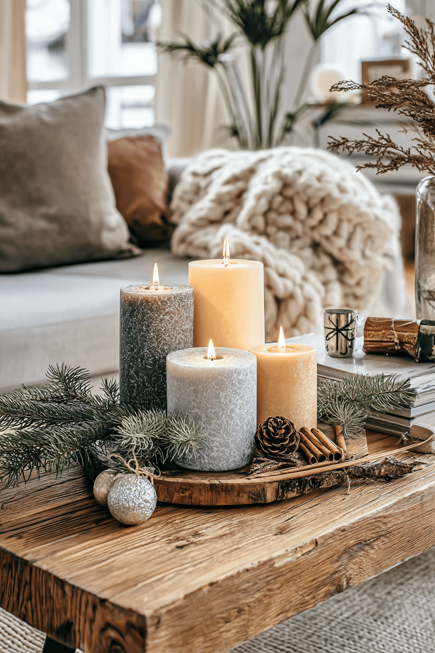 Mehrere brennende Duftkerzen mit winterlicher Deko auf einem Holztisch in hyggeligem Wohnzimmer