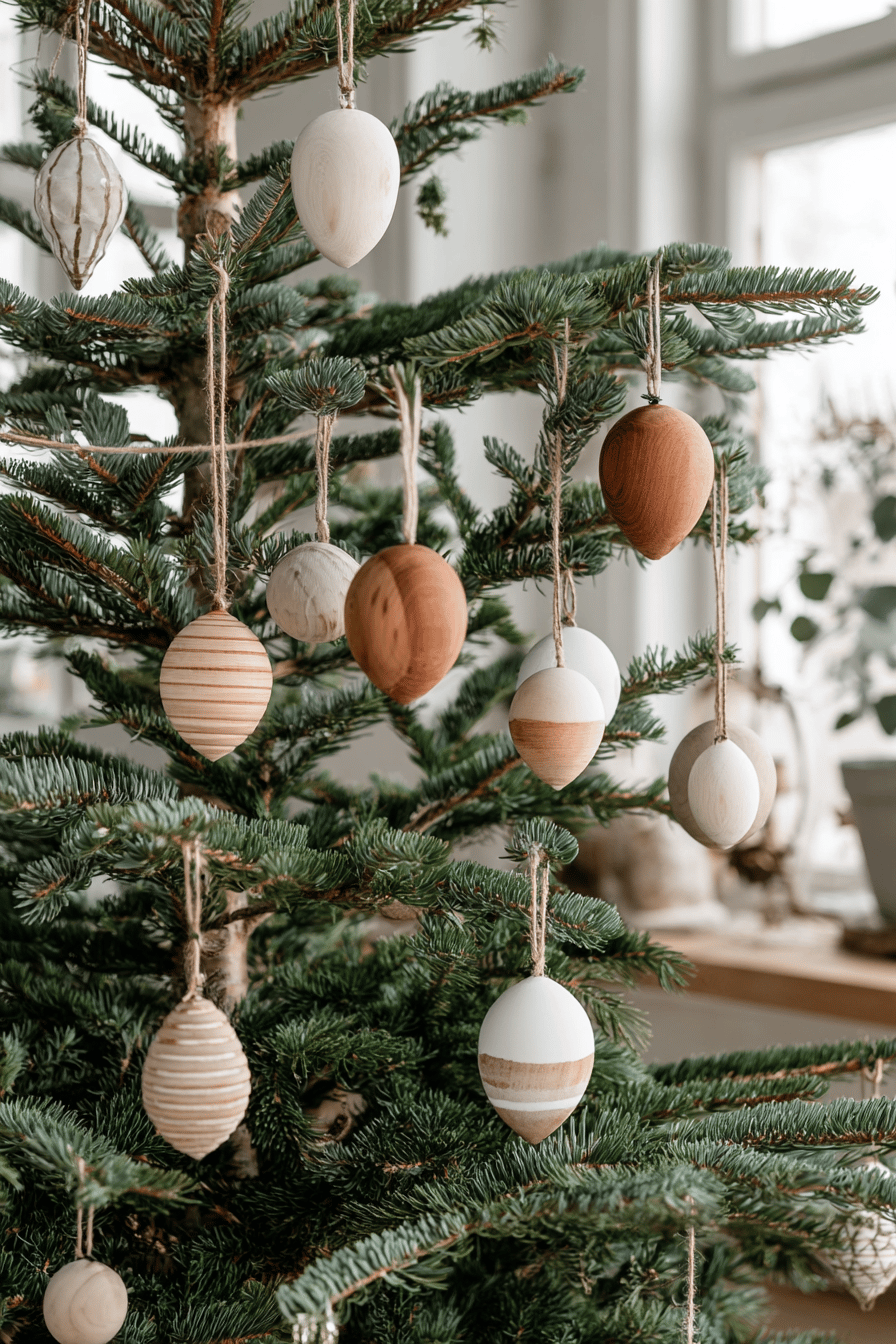 Weihnachtsbaum mit handgefertigten, nordischen Holzanhängern in natürlichen Farben