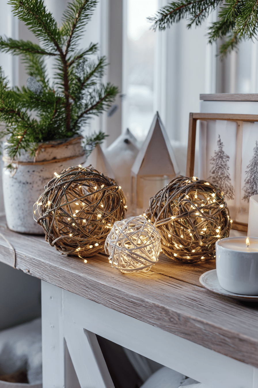 Drei Rebenkugeln mit Lichterketten auf einem weihnachtlich dekorierten Tisch