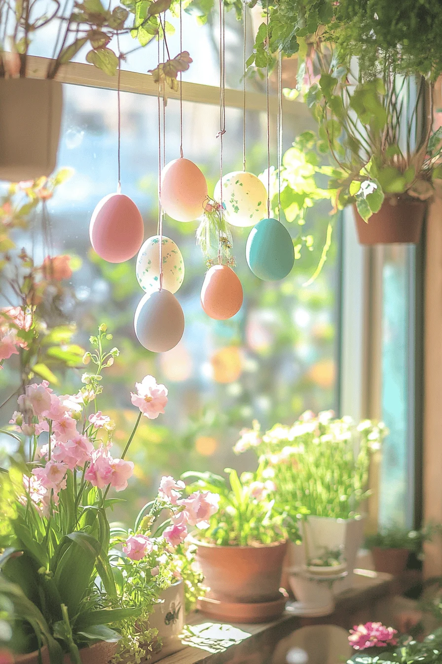 Bunte Ostereier hängen als Mobile über blühenden Pflanzen auf einer Terrasse.