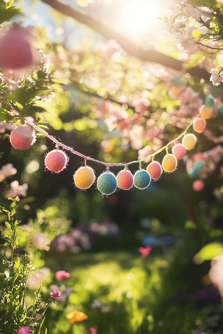 Bunte Ostereier-Girlande aus Wolle hängt im Garten unter blühenden Bäumen im Sonnenschein.