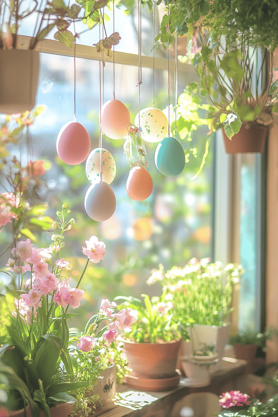 Bunte Ostereier hängen als Mobile über blühenden Pflanzen auf einer Terrasse.