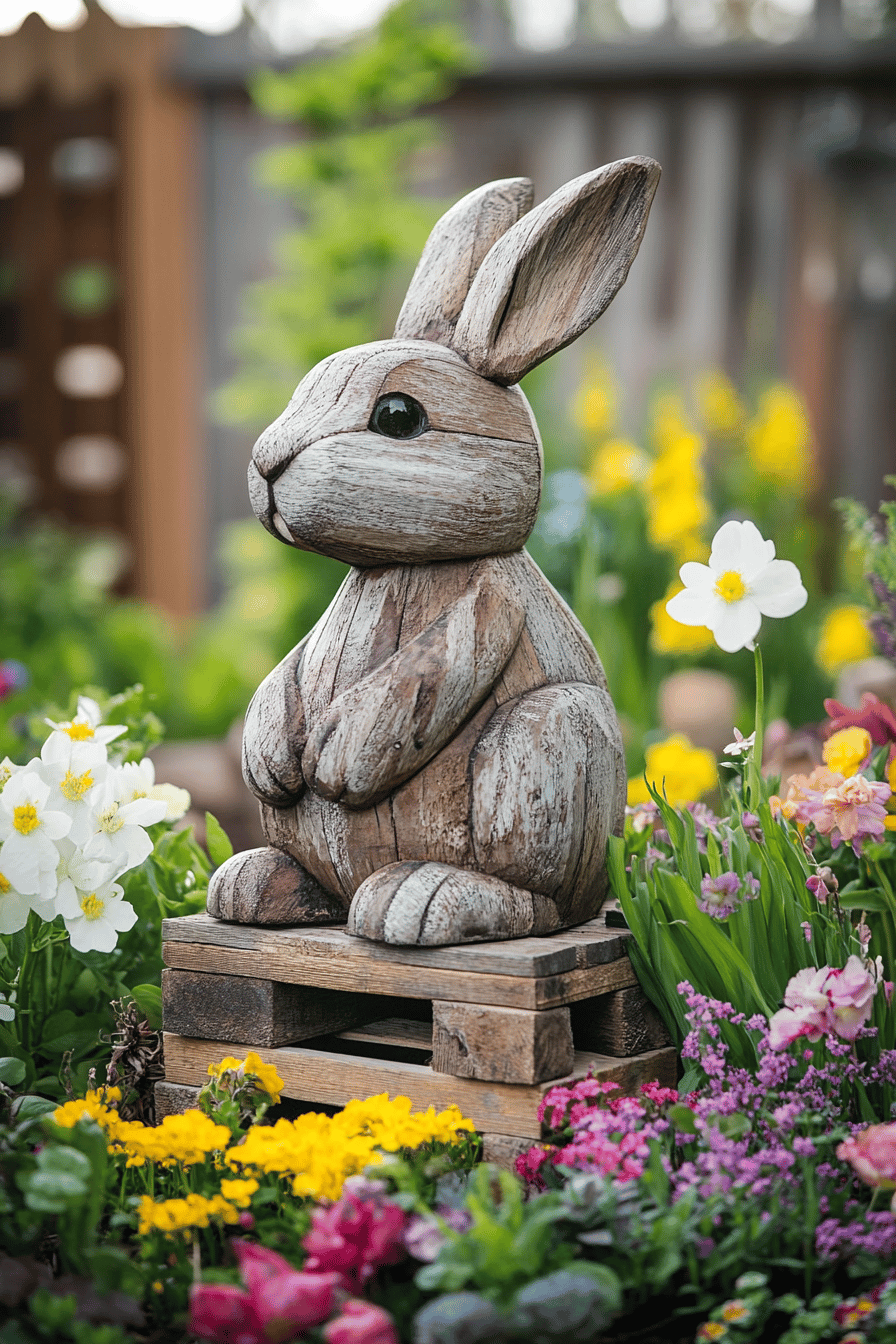 Holz Osterhase auf einer Palette, umgeben von bunten Blumen im Garten.