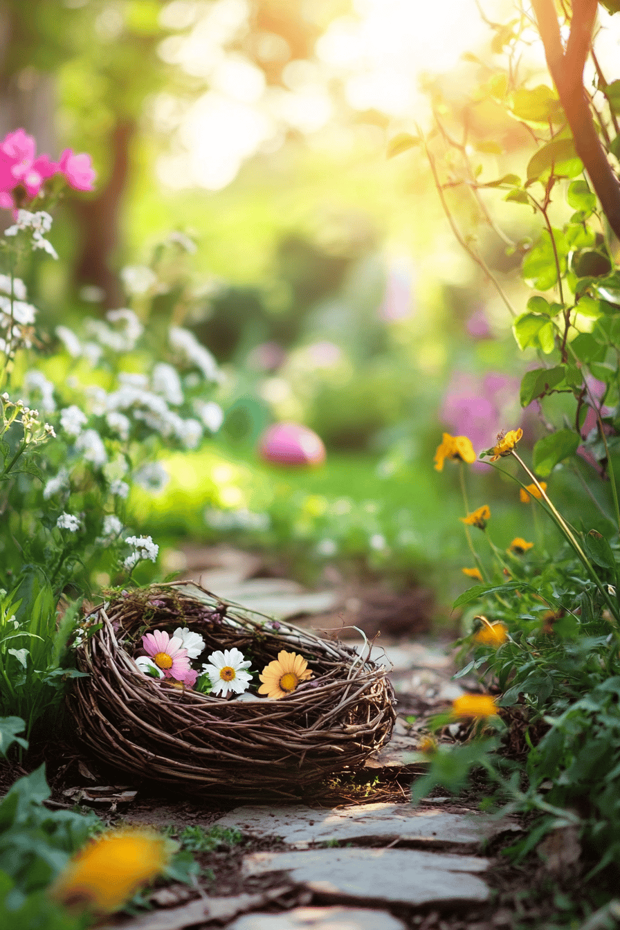 Ein Osterkorb aus Zweigen mit bunten Blumen, der auf einem Gartenweg liegt.
