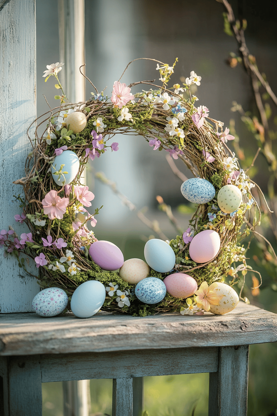Ein Osterkranz aus Weidenzweigen mit Moos, verziert mit bunten Ostereiern und Blumen.