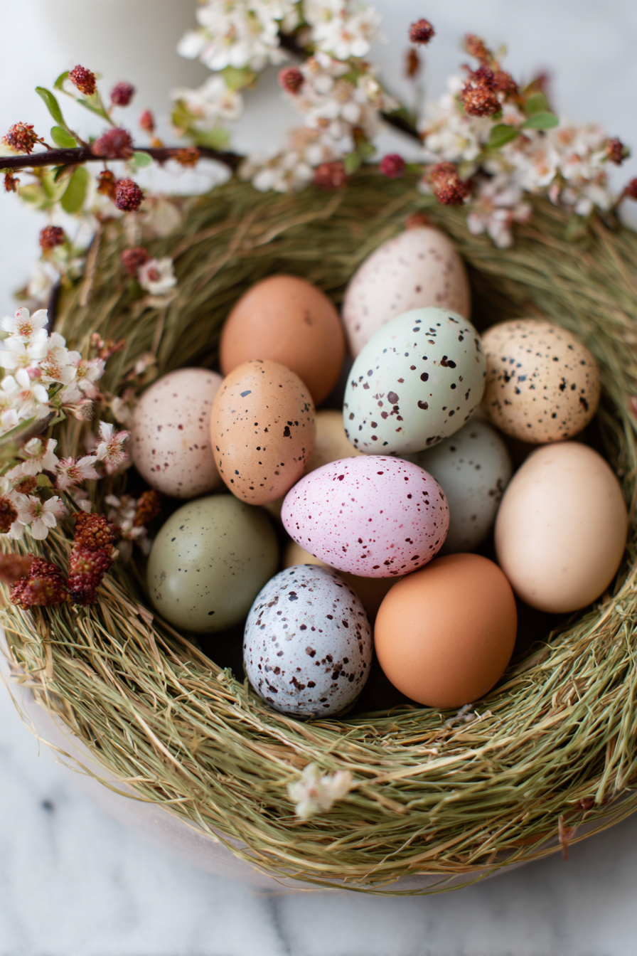 Osternest-Kranz mit bunten Eiern und Frühlingsblüten