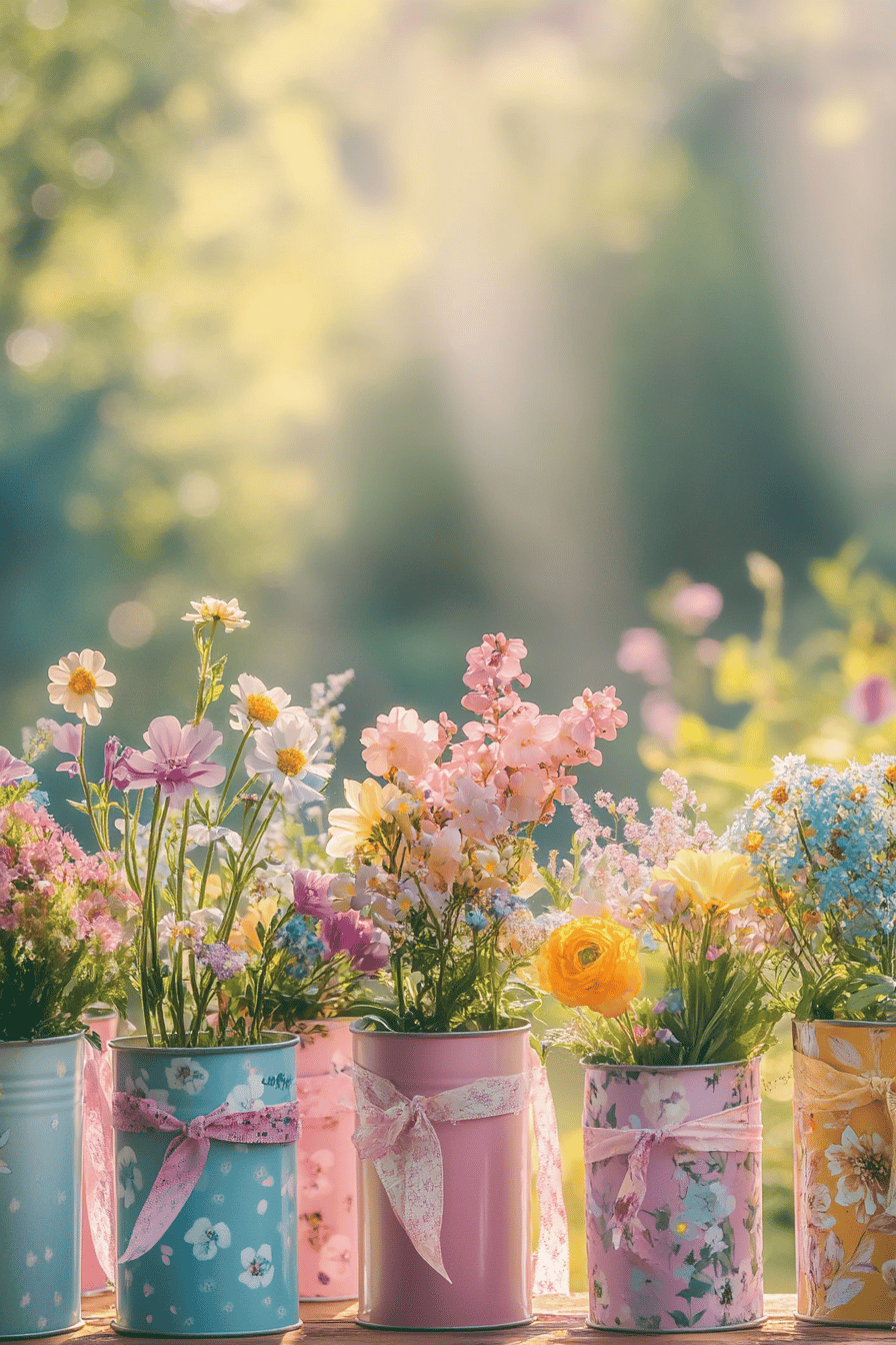 Verschiedene bunte, dekorierte Konservendosen mit hübschen Frühlingsblumen auf einem Tisch im Garten.