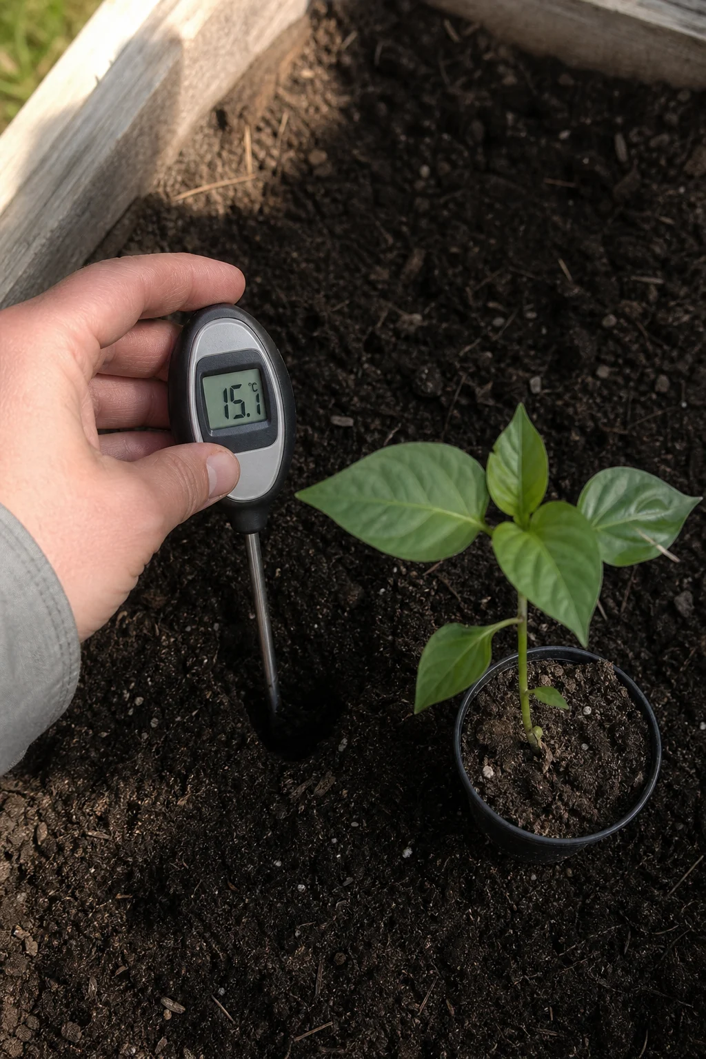 Hand mit Bodenthermometer in dunkler Gartenerde, daneben ein junges Paprika-Sämling im Topf bereit zum Pflanzen.