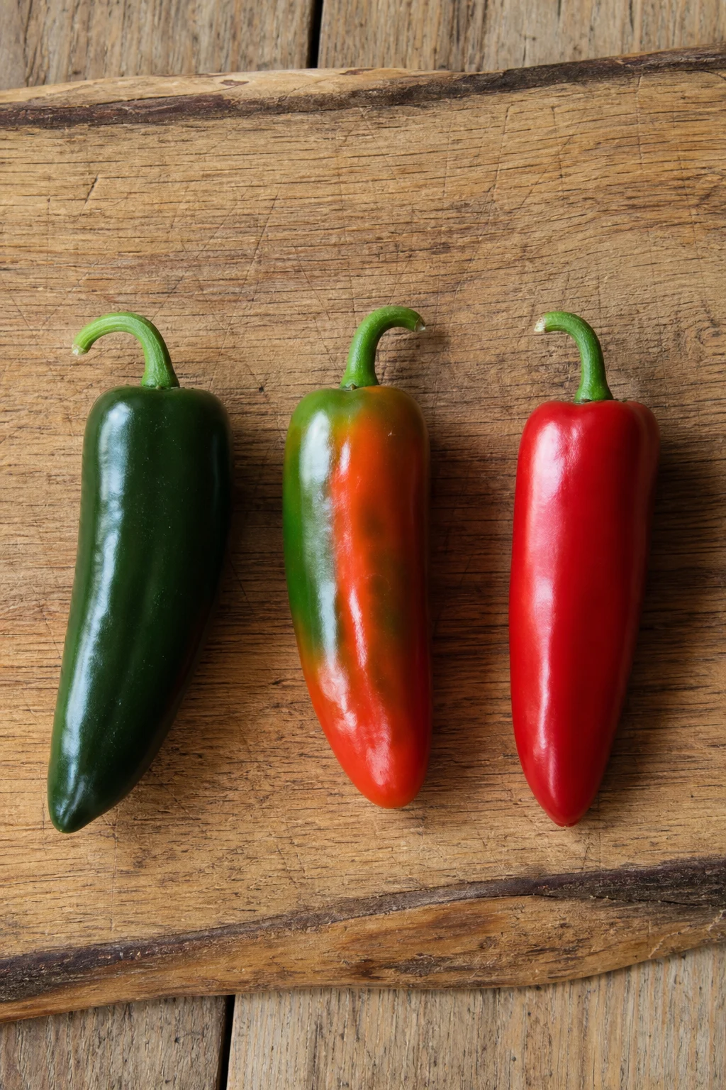 Drei Paprika derselben Sorte nebeneinander, von komplett grün über halbreif zu vollreif rot.