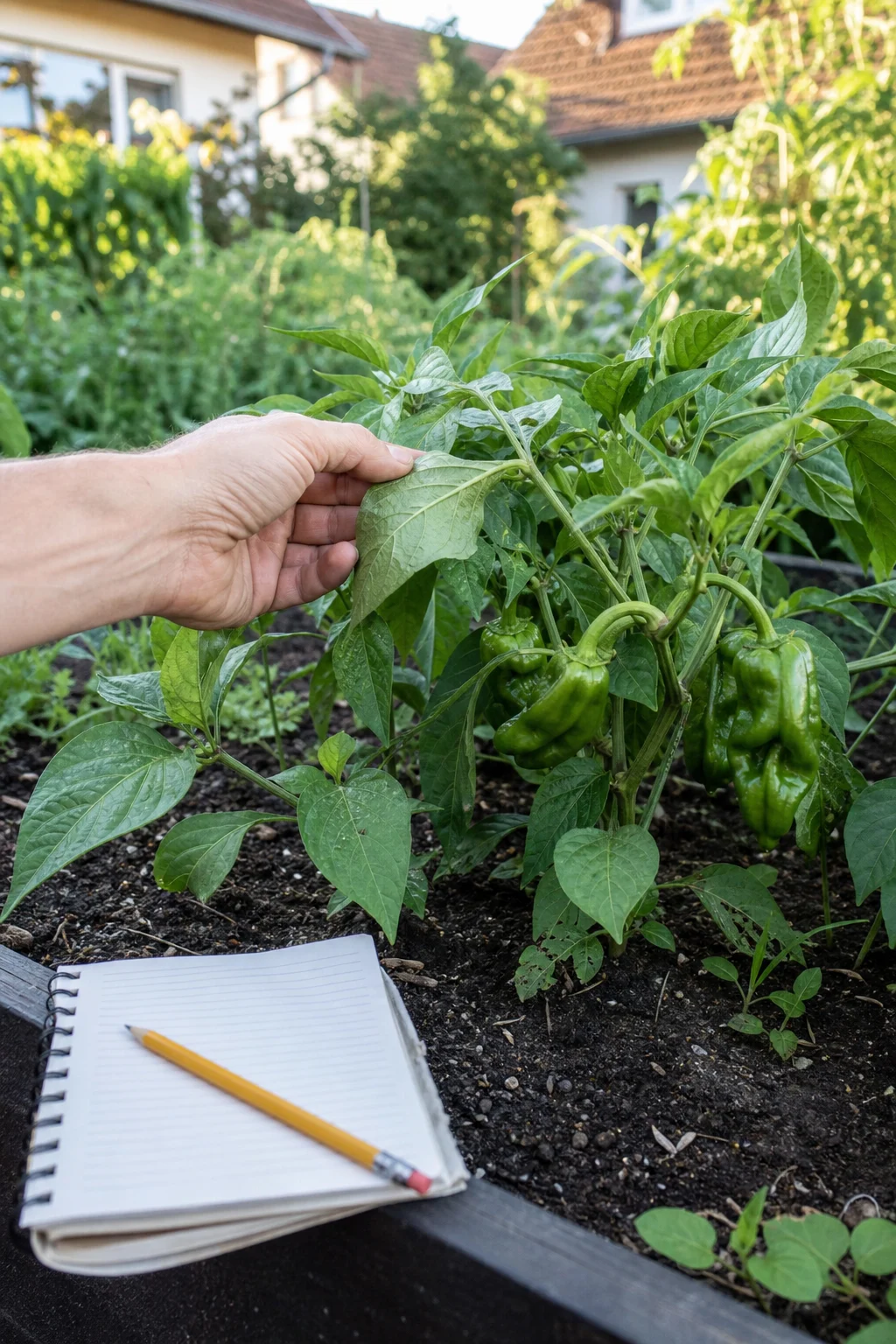Hand dreht ein Blatt einer Paprikapflanze um, daneben Gartennotizbuch und Bleistift am Beetrand.