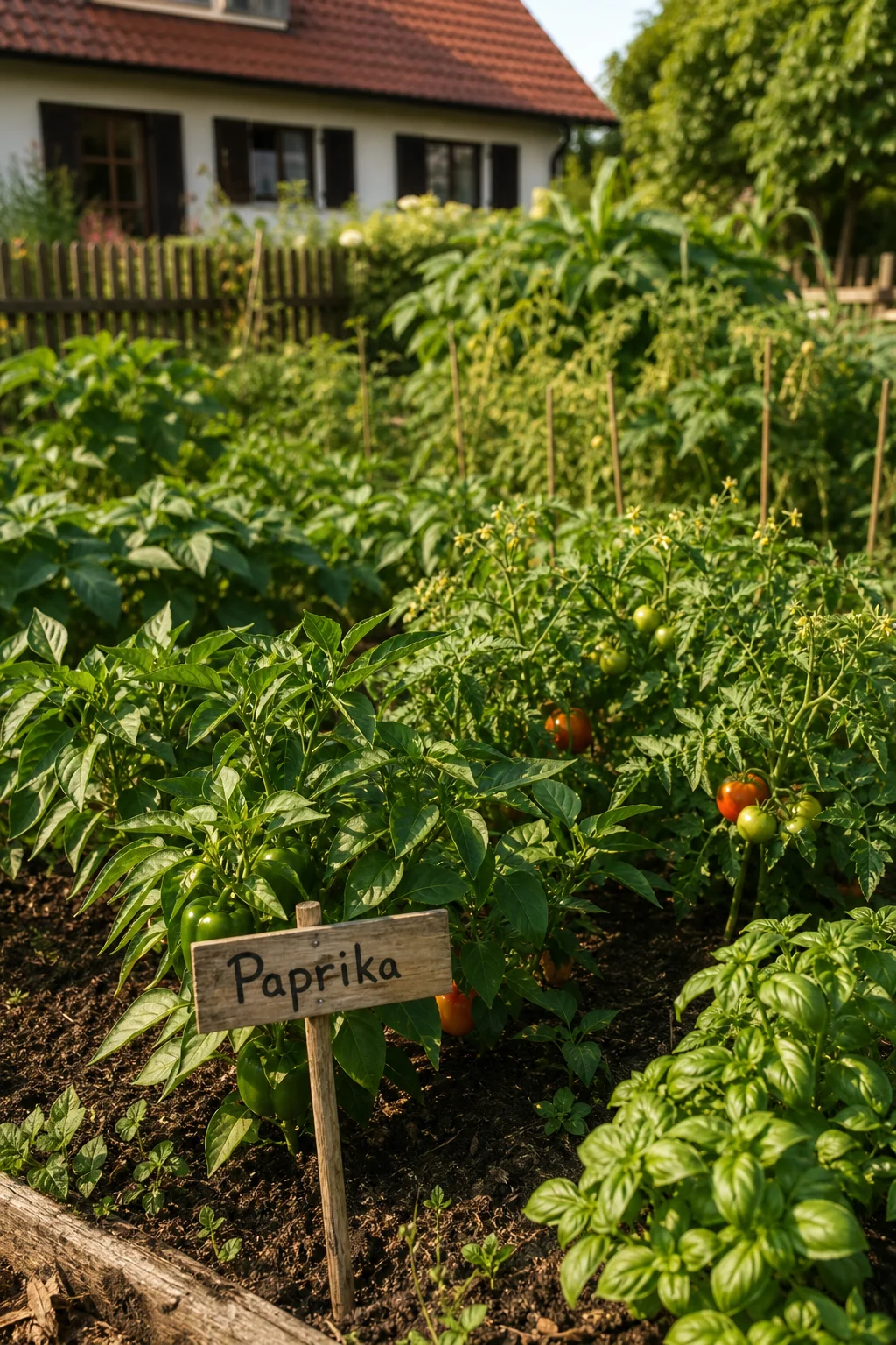 Mischbeet mit Paprika im Vordergrund, dahinter Tomaten und Buschbohnen, im Beet ein Holzschild "Paprika".