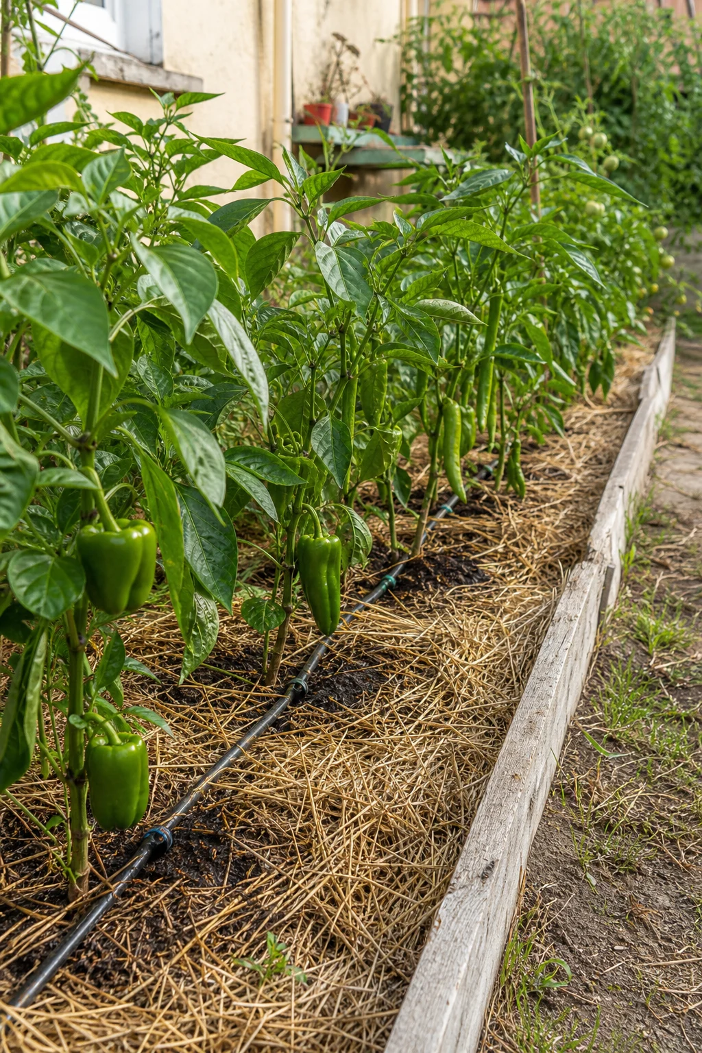 Reihe von Paprikapflanzen mit schwarzem Tropfschlauch am Stängel und einer Schicht Strohmulch auf der Erde.