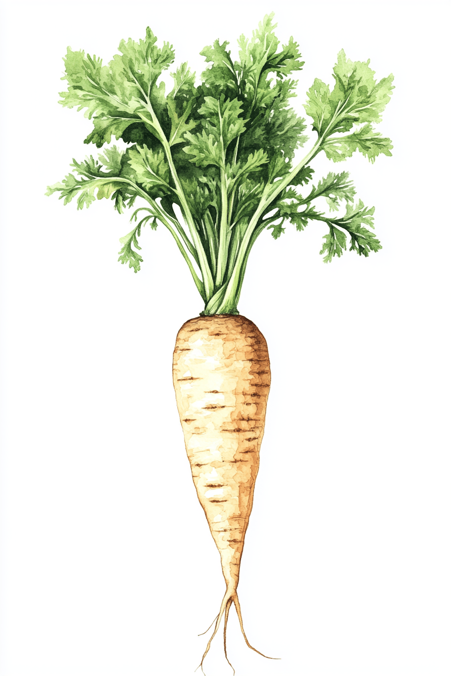 Illustration einer Pastinake mit grünem Blattwerk.