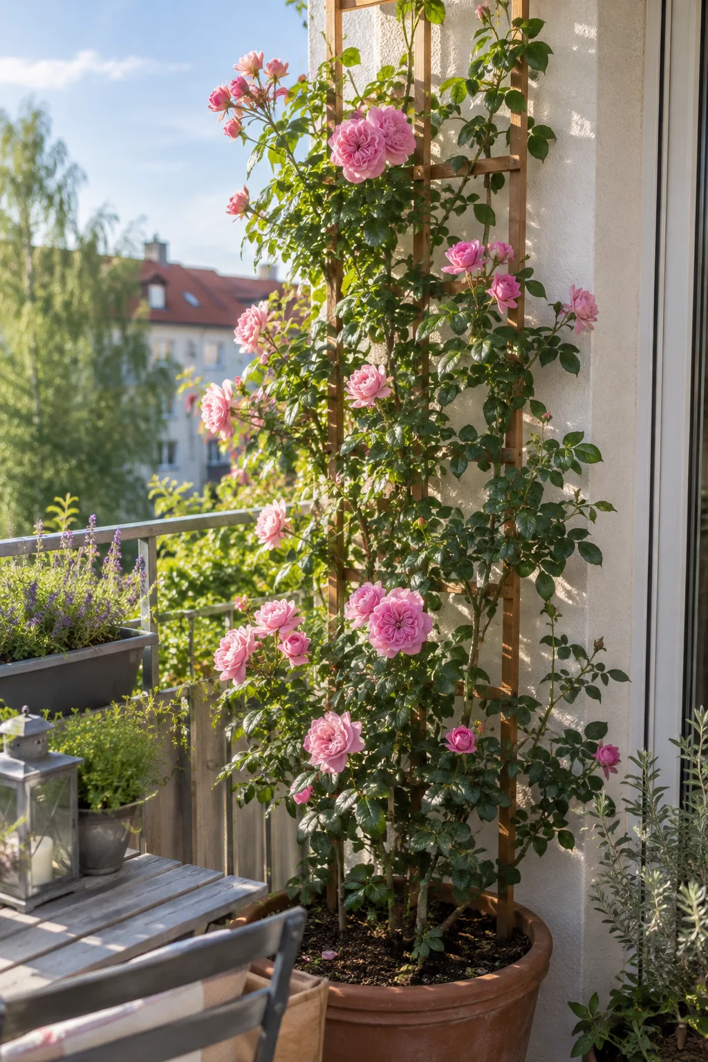 Kleinbleibende Kletterrose in einem tiefen Kübel, an ein Holzspalier gebunden, mit Büscheln rosa Blüten