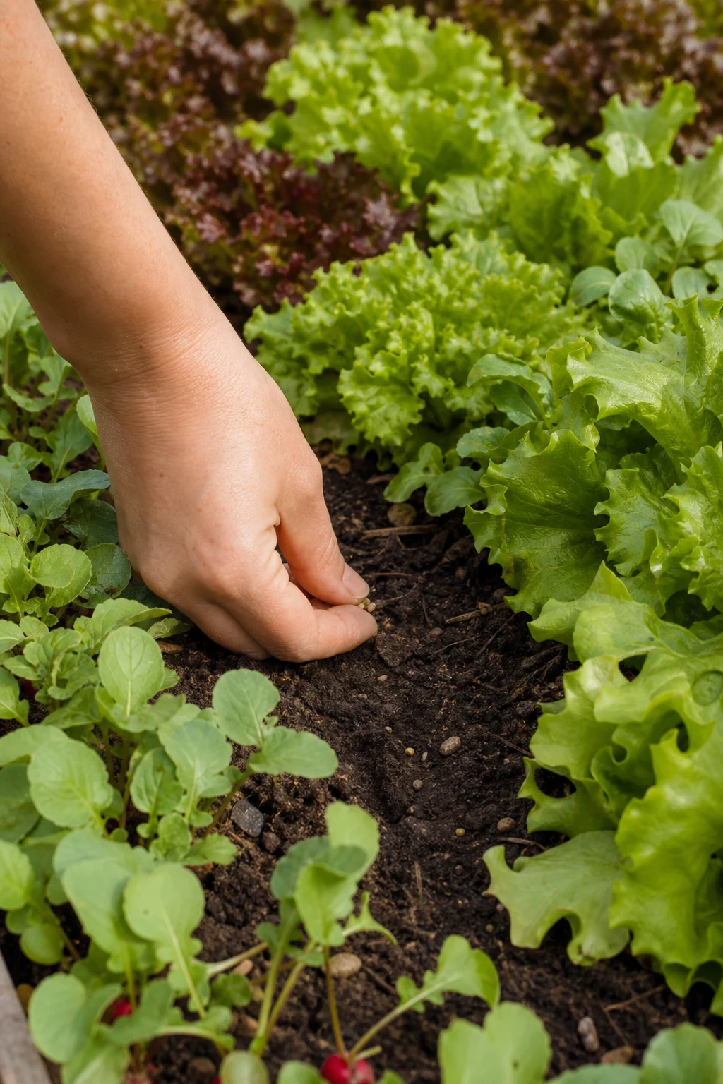 Eine Hand drückt kleine Salat- oder Radieschensamen in eine sichtbare Lücke nackter Erde zwischen wachsenden Salatpflanzen im Gartenbeet.