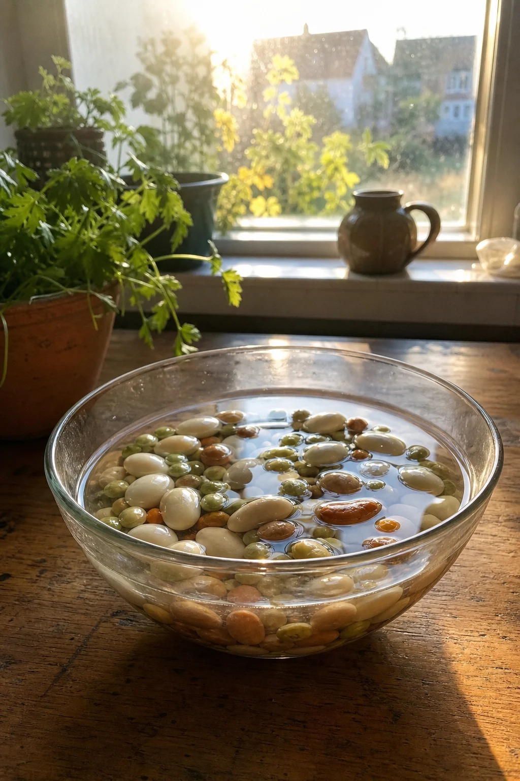Glasschüssel mit Wasser auf einem Holztisch im Morgenlicht, darin quellen große Bohnen- und Erbsensamen über Nacht.