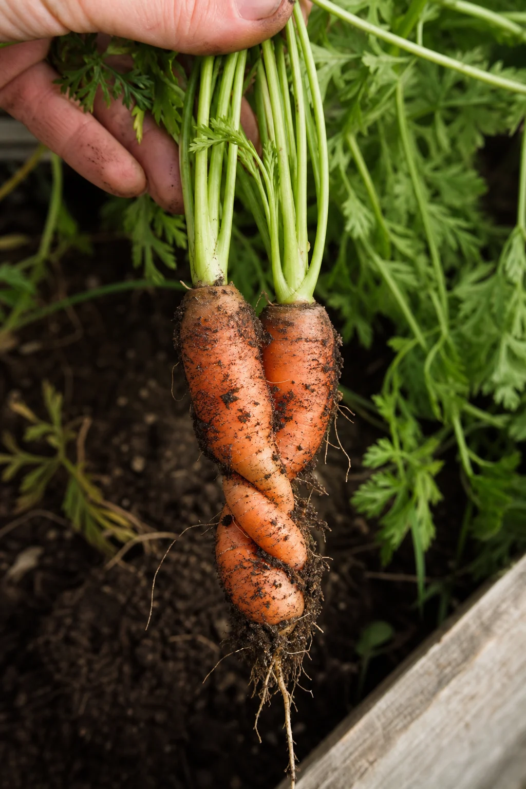 Zwei aus der Erde gehobene Möhren liegen nebeneinander, ihre orangefarbenen Wurzeln sind verschlungen und kümmerlich geblieben, weil die Pflanzen zu eng standen.