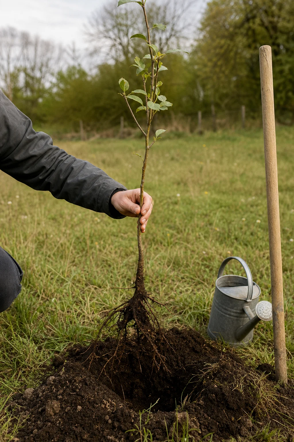 Junger Apfelbaum-Setzling wurzelnackt neben einem frisch ausgehobenen Pflanzloch auf einer Wiese, daneben ein hölzerner Stützpfahl und eine Gießkanne.