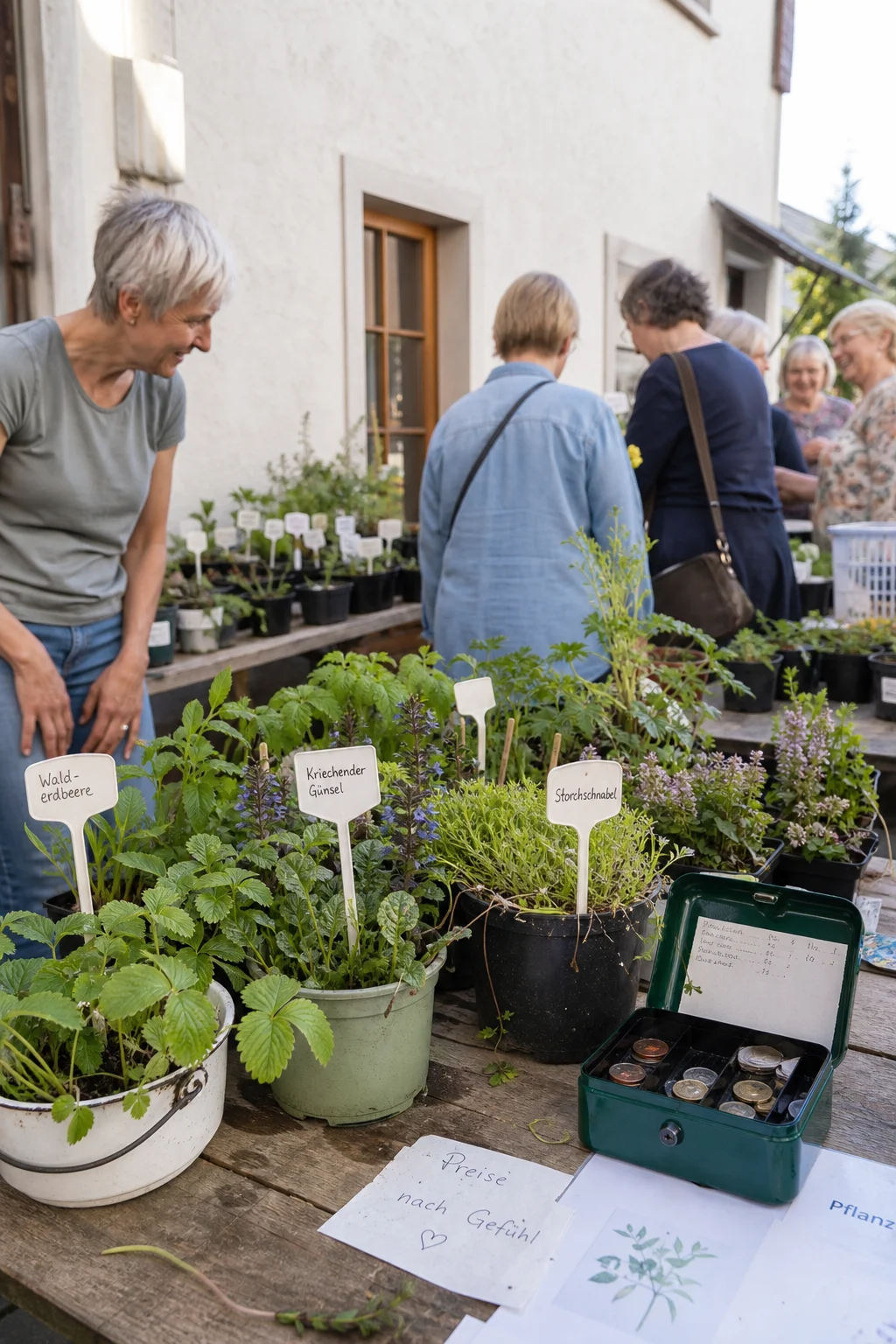Kleiner Pflanzenmarkt eines Gartenbauvereins mit Klapptischen voller handbeschrifteter Stauden und Setzlinge, eine Kasse mit Münzgeld, plaudernde Vereinsmitglieder.